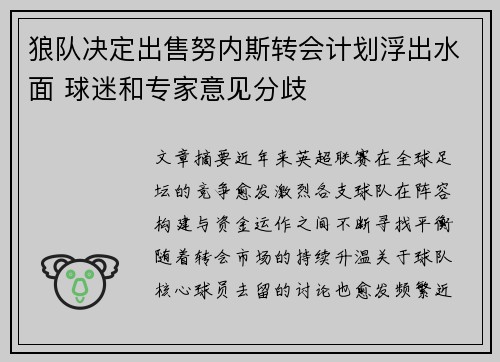 狼队决定出售努内斯转会计划浮出水面 球迷和专家意见分歧